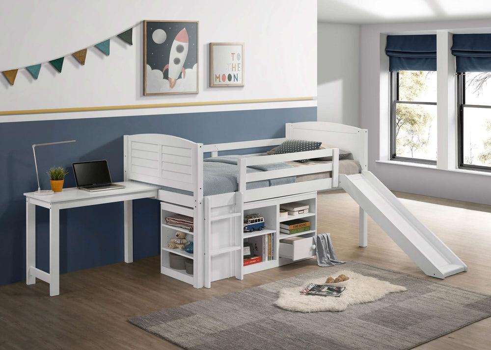 Cama alta Millie Twin Workstation con colchón de 18 cm, color blanco
