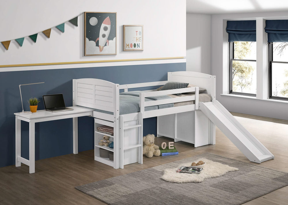 Cama alta Millie Twin Workstation con colchón de 18 cm, color blanco