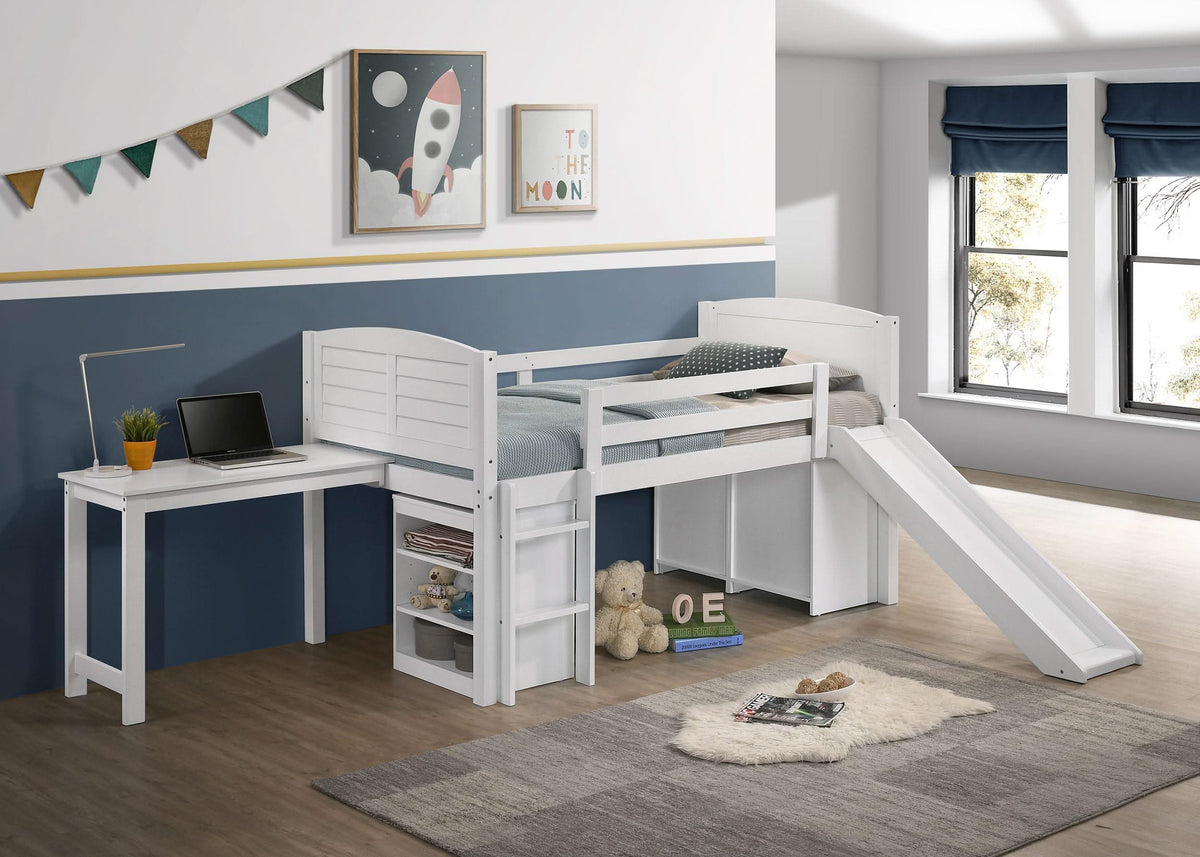 Cama alta Millie Twin Workstation con colchón de 18 cm, color blanco