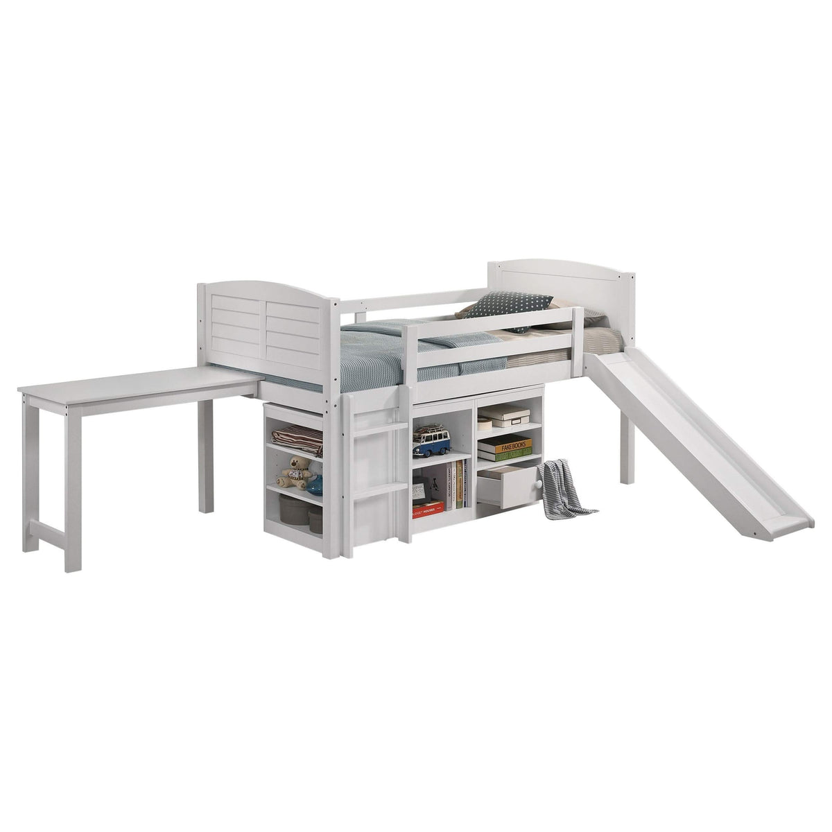 Cama alta Millie Twin Workstation con colchón de 18 cm, color blanco