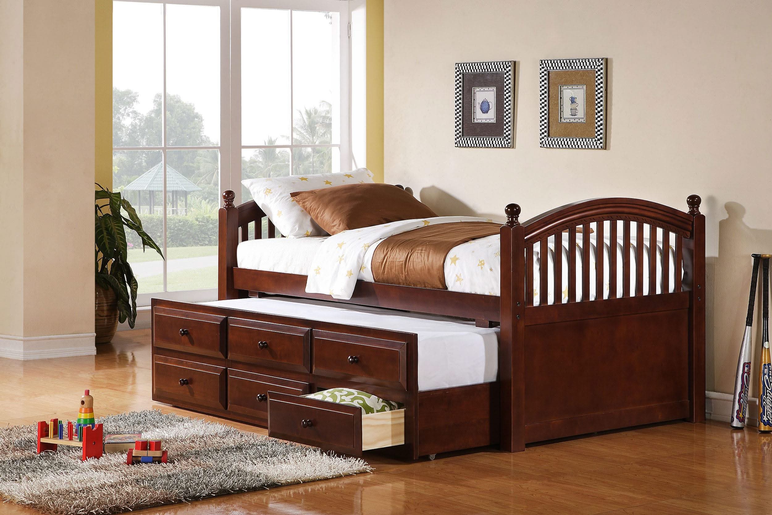Cama individual Norwood de 3 cajones con cama nido Captains en castaño