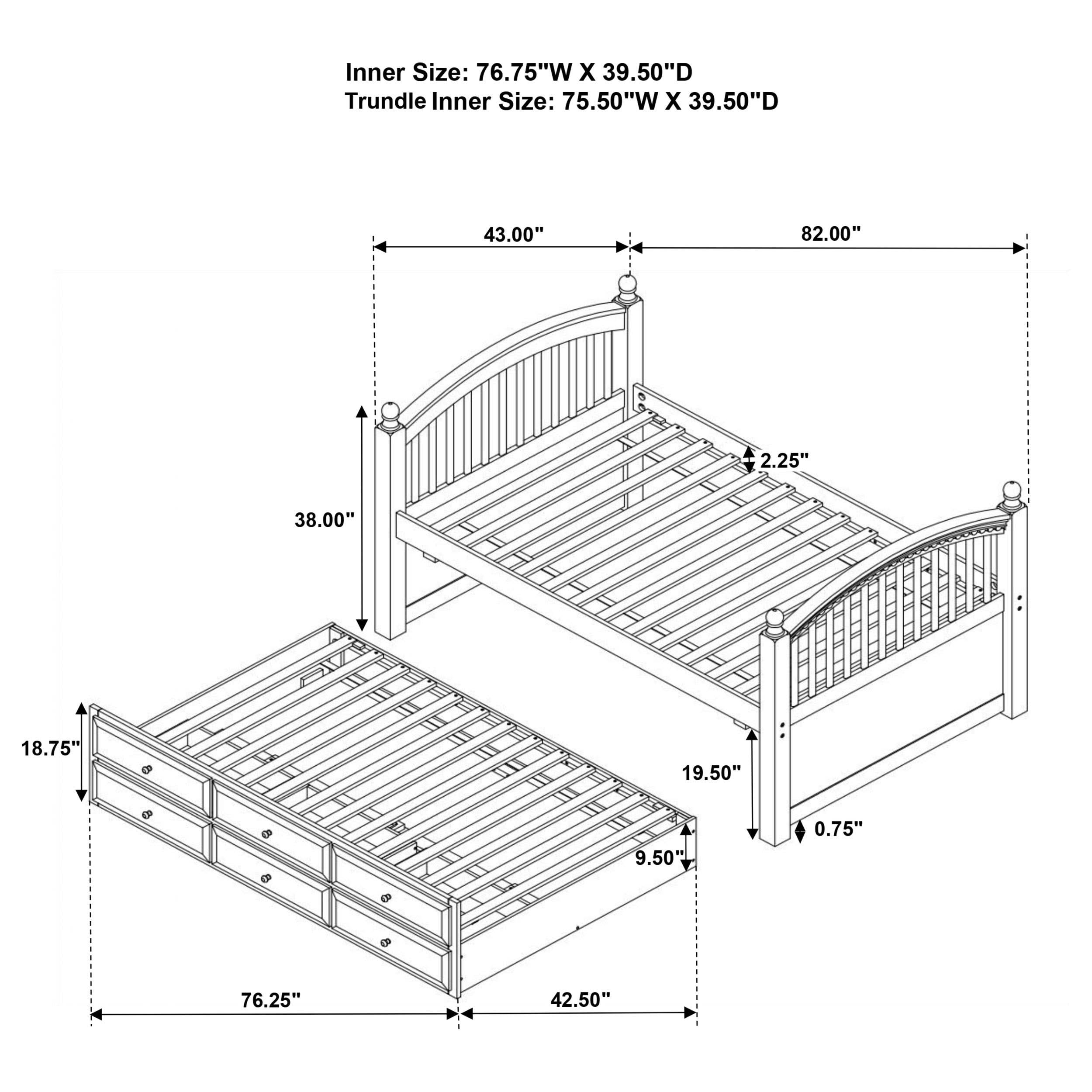 Cama individual Norwood de 3 cajones con cama nido Captains en castaño