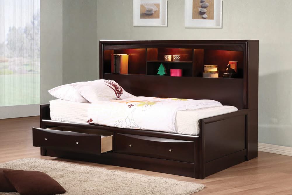 Sofá cama individual Phoenix con estantería y cajones de almacenamiento color capuchino