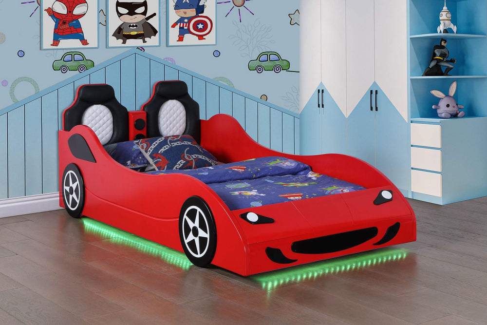 Cama doble de madera Cruiser con iluminación LED y colchón de 7 pulgadas en color rojo