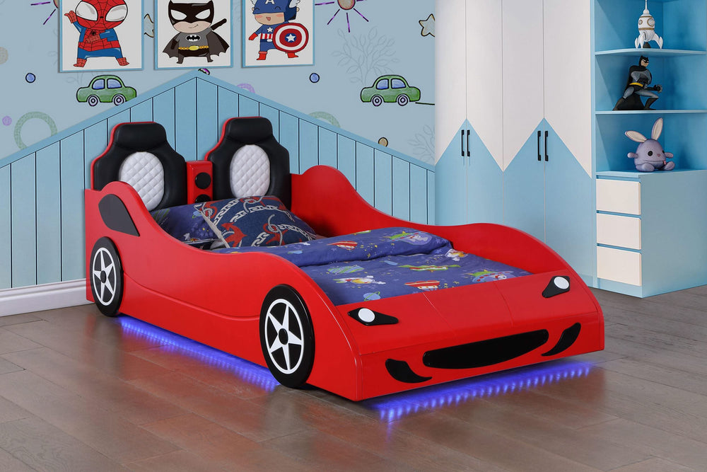 Cama doble de madera Cruiser con iluminación LED y colchón de 7 pulgadas en color rojo