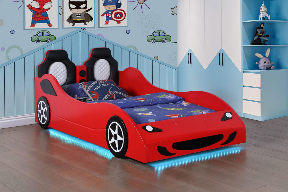 Cama doble de madera Cruiser con iluminación LED y colchón de 7 pulgadas en color rojo