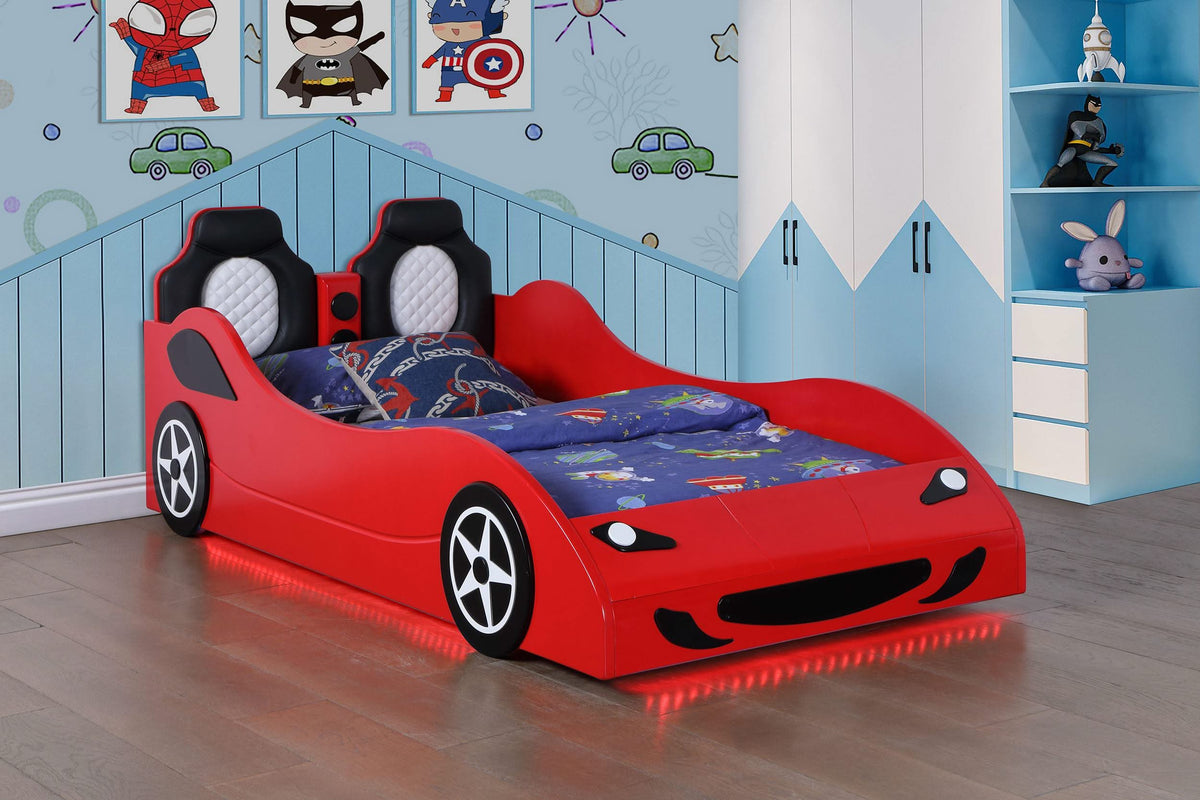 Cama doble de madera Cruiser con iluminación LED y colchón de 7 pulgadas en color rojo