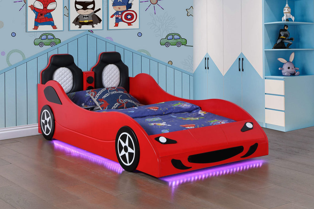 Cama doble de madera Cruiser con iluminación LED y colchón de 7 pulgadas en color rojo