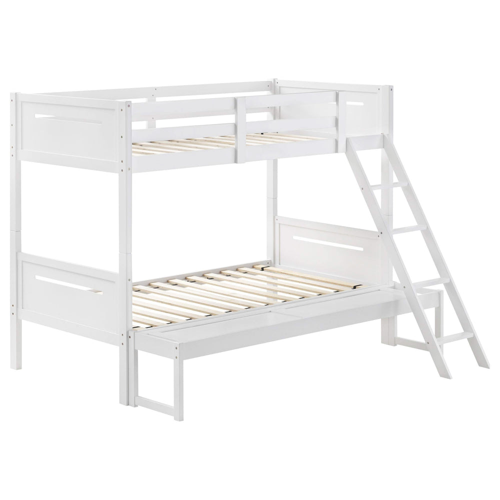 Litera Littleton Wood, color blanco, con dos camas individuales sobre una cama matrimonial
