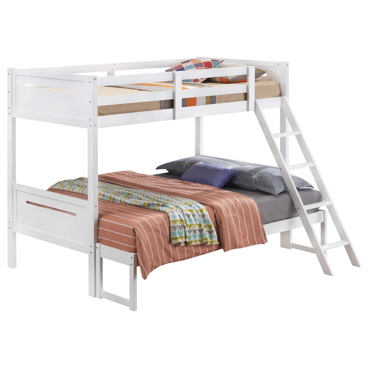 Litera Littleton Wood, color blanco, con dos camas individuales sobre una cama matrimonial