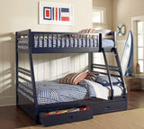 Litera Ashton de madera con dos cajones, dos camas individuales sobre una cama matrimonial, color azul marino