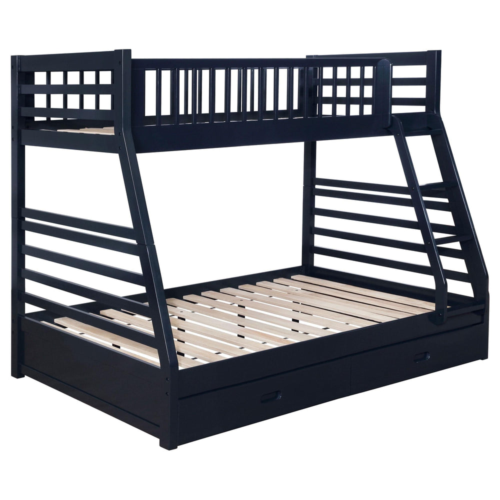 Litera Ashton de madera con dos cajones, dos camas individuales sobre una cama matrimonial, color azul marino