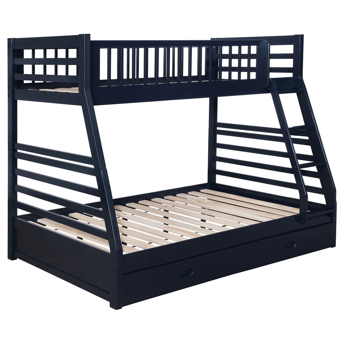 Litera Ashton de madera con dos cajones, dos camas individuales sobre una cama matrimonial, color azul marino