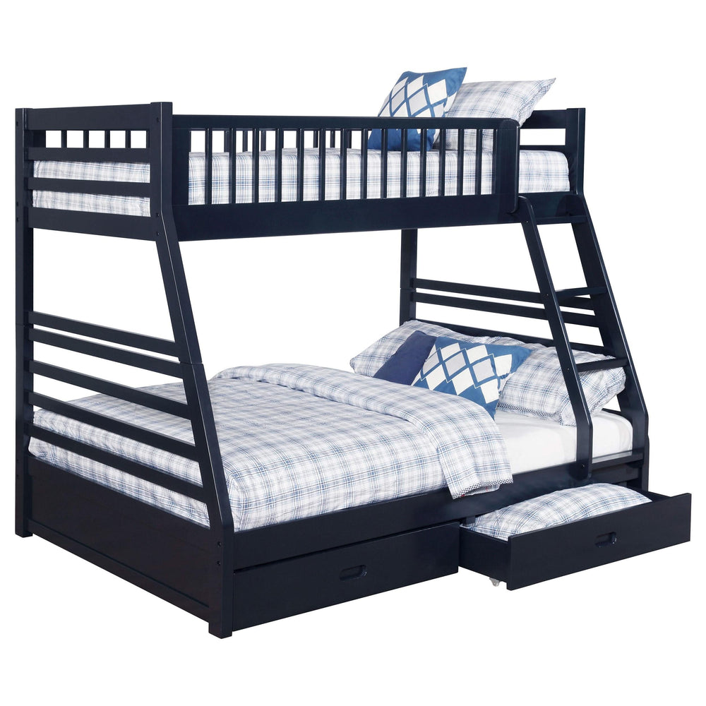 Litera Ashton de madera con dos cajones, dos camas individuales sobre una cama matrimonial, color azul marino