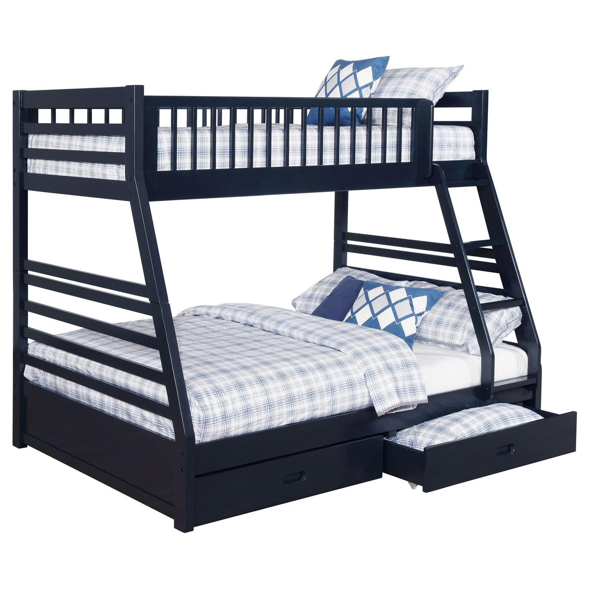 Litera Ashton de madera con dos cajones, dos camas individuales sobre una cama matrimonial, color azul marino