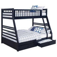 Litera Ashton de madera con dos cajones, dos camas individuales sobre una cama matrimonial, color azul marino