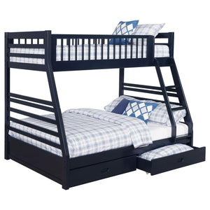 Litera Ashton de madera con dos cajones, dos camas individuales sobre una cama matrimonial, color azul marino