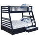 Litera Ashton de madera con dos cajones, dos camas individuales sobre una cama matrimonial, color azul marino