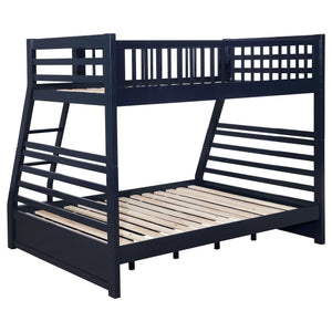 Litera Ashton de madera con dos cajones, dos camas individuales sobre una cama matrimonial, color azul marino