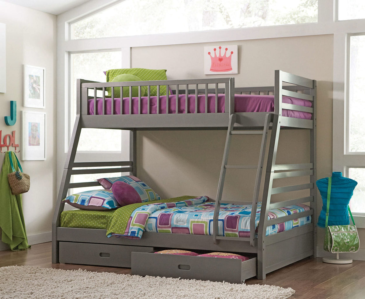Litera Ashton de madera con dos cajones, tamaño individual sobre cama matrimonial, color gris