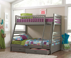 Litera Ashton de madera con dos cajones, tamaño individual sobre cama matrimonial, color gris