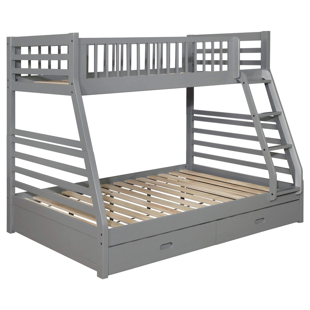 Litera Ashton de madera con dos cajones, tamaño individual sobre cama matrimonial, color gris