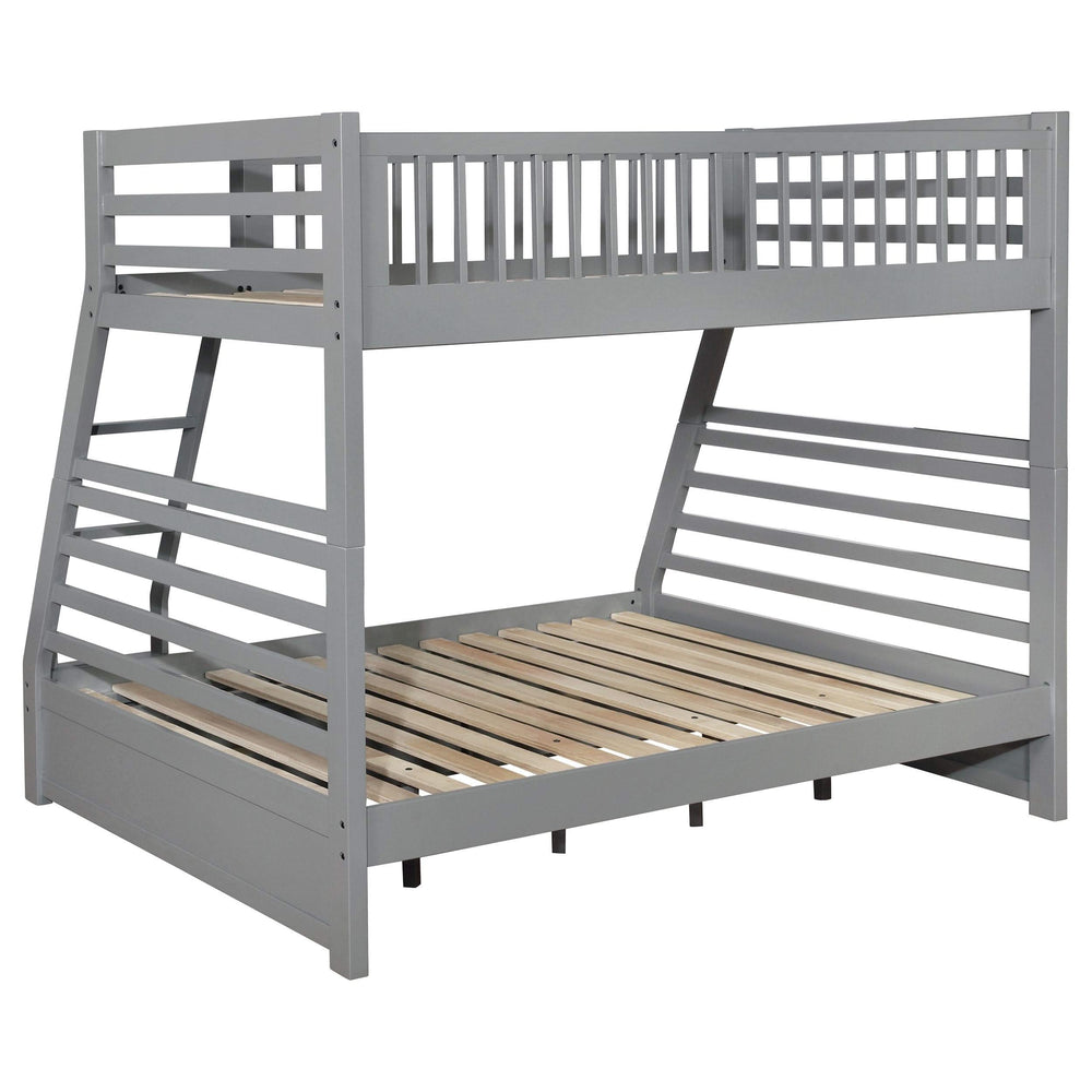 Litera Ashton de madera con dos cajones, tamaño individual sobre cama matrimonial, color gris