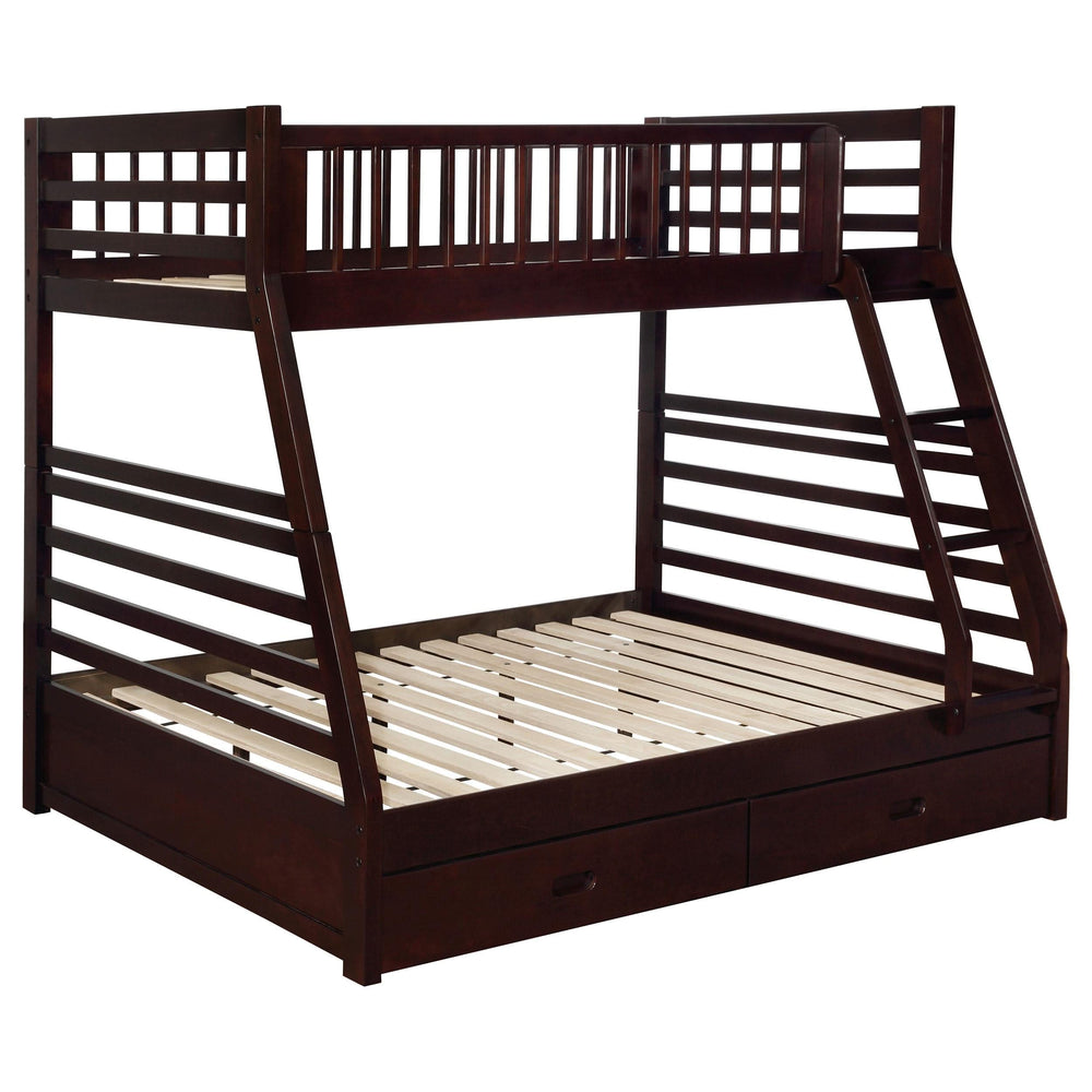 Litera Ashton de madera con dos cajones, tamaño individual sobre cama matrimonial, color capuchino