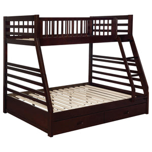 Litera Ashton de madera con dos cajones, tamaño individual sobre cama matrimonial, color capuchino