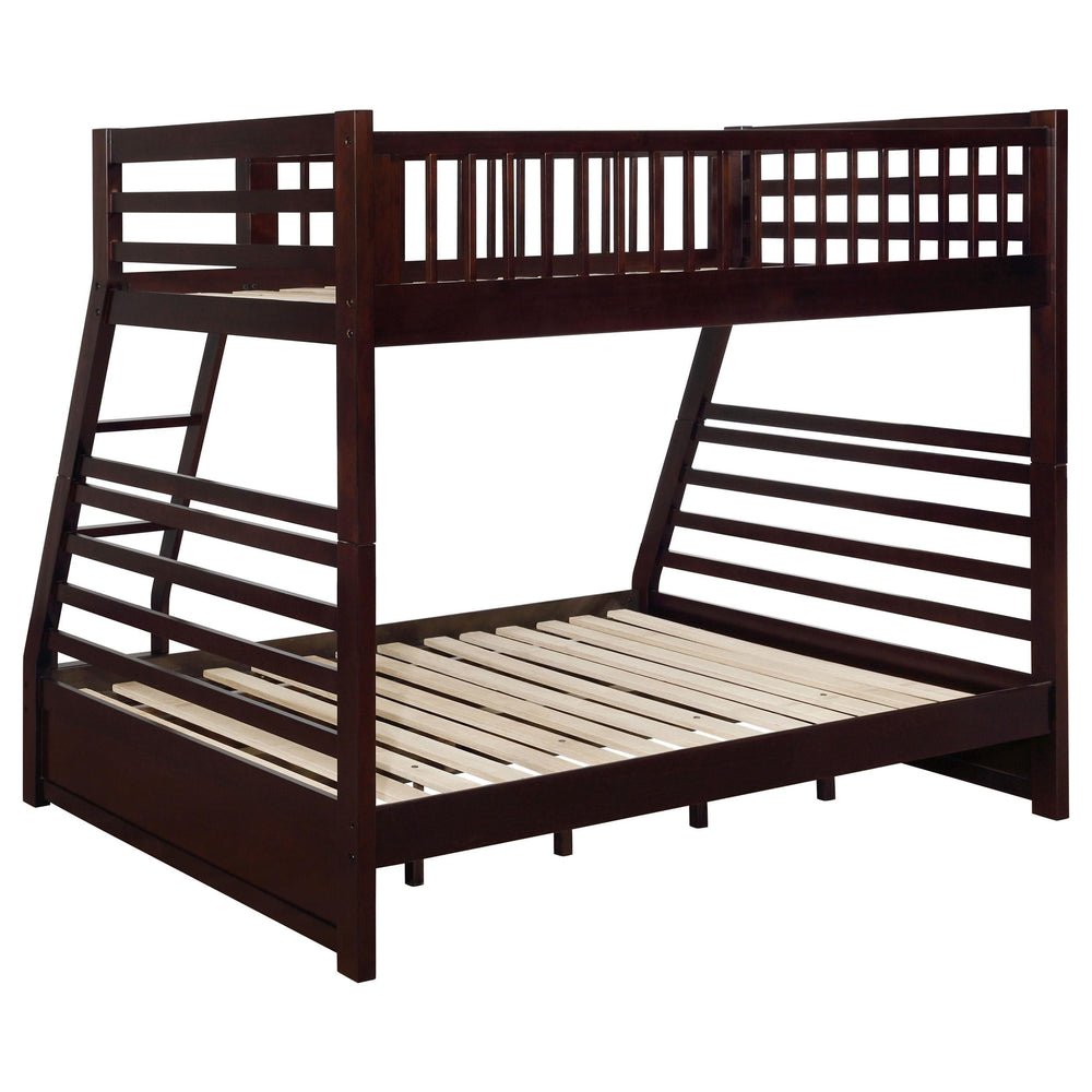 Litera Ashton de madera con dos cajones, tamaño individual sobre cama matrimonial, color capuchino