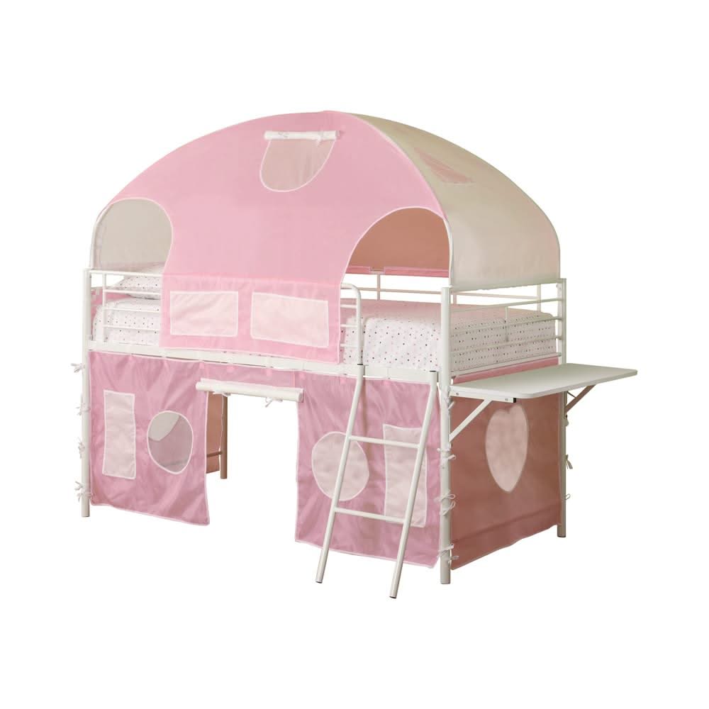 Cama alta tipo tienda de campaña doble Sweetheart, rosa y blanca