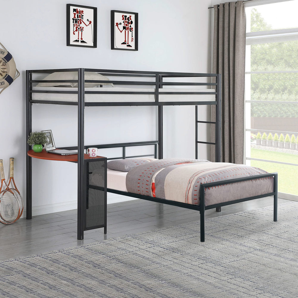 Juego de cama alta Fisher con dos camas individuales y estación de trabajo en color bronce