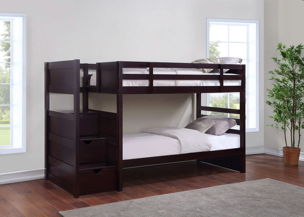 Litera Elliott Wood Twin sobre Twin con escalera, color capuchino