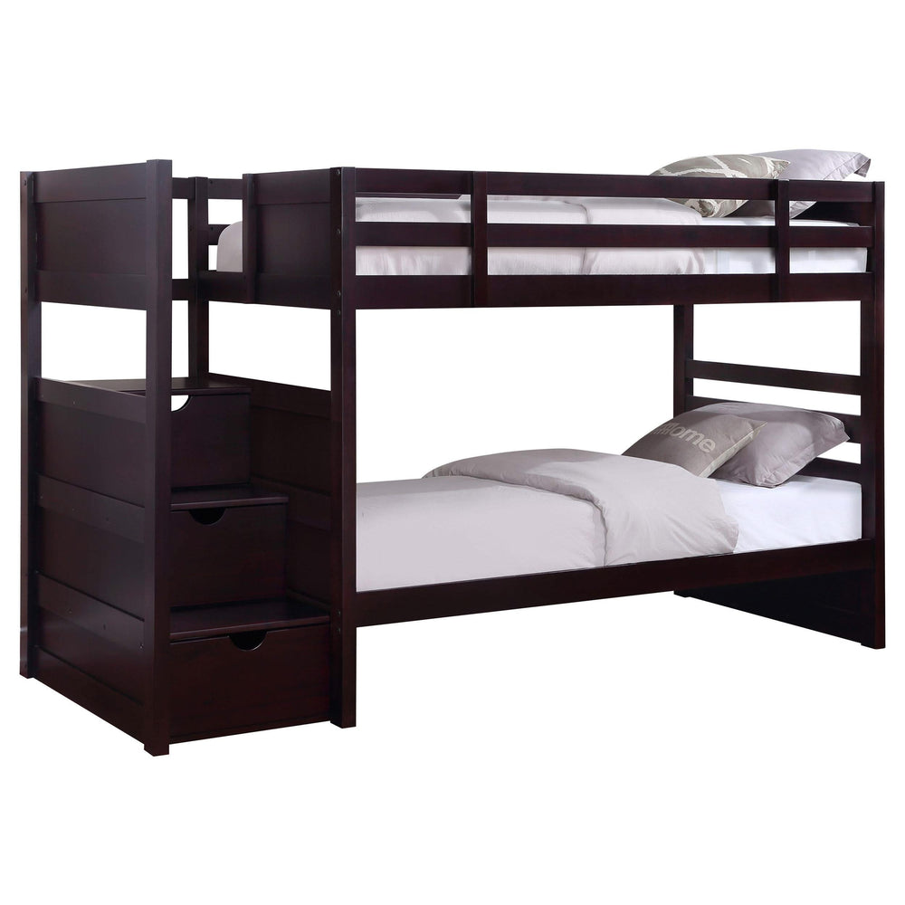 Litera Elliott Wood Twin sobre Twin con escalera, color capuchino
