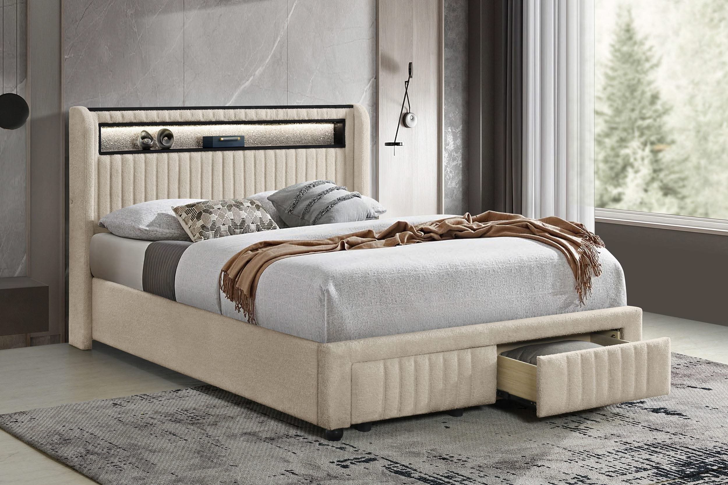 Cama tapizada Madison con plataforma de almacenamiento LED, color crema