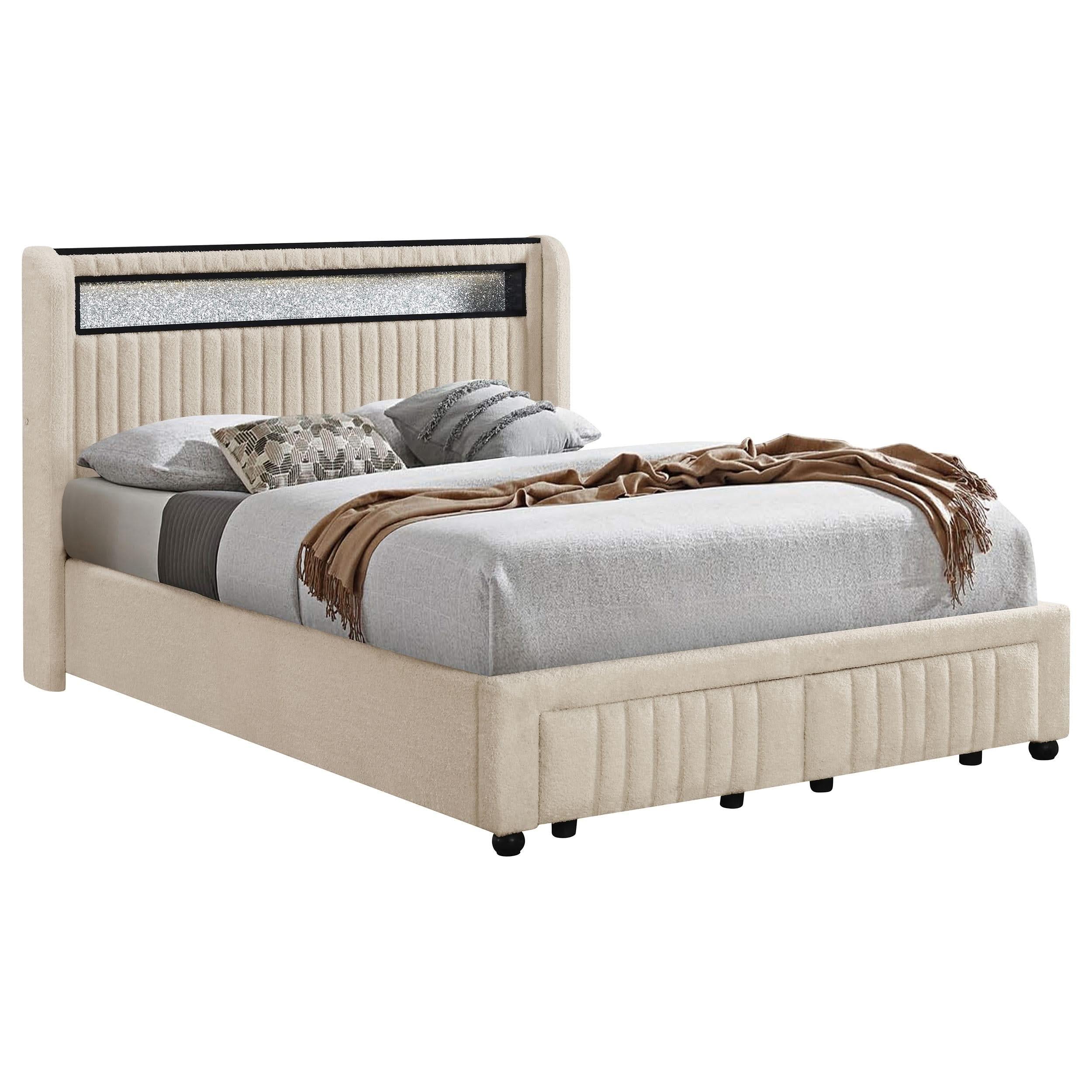 Cama tapizada Madison con plataforma de almacenamiento LED, color crema