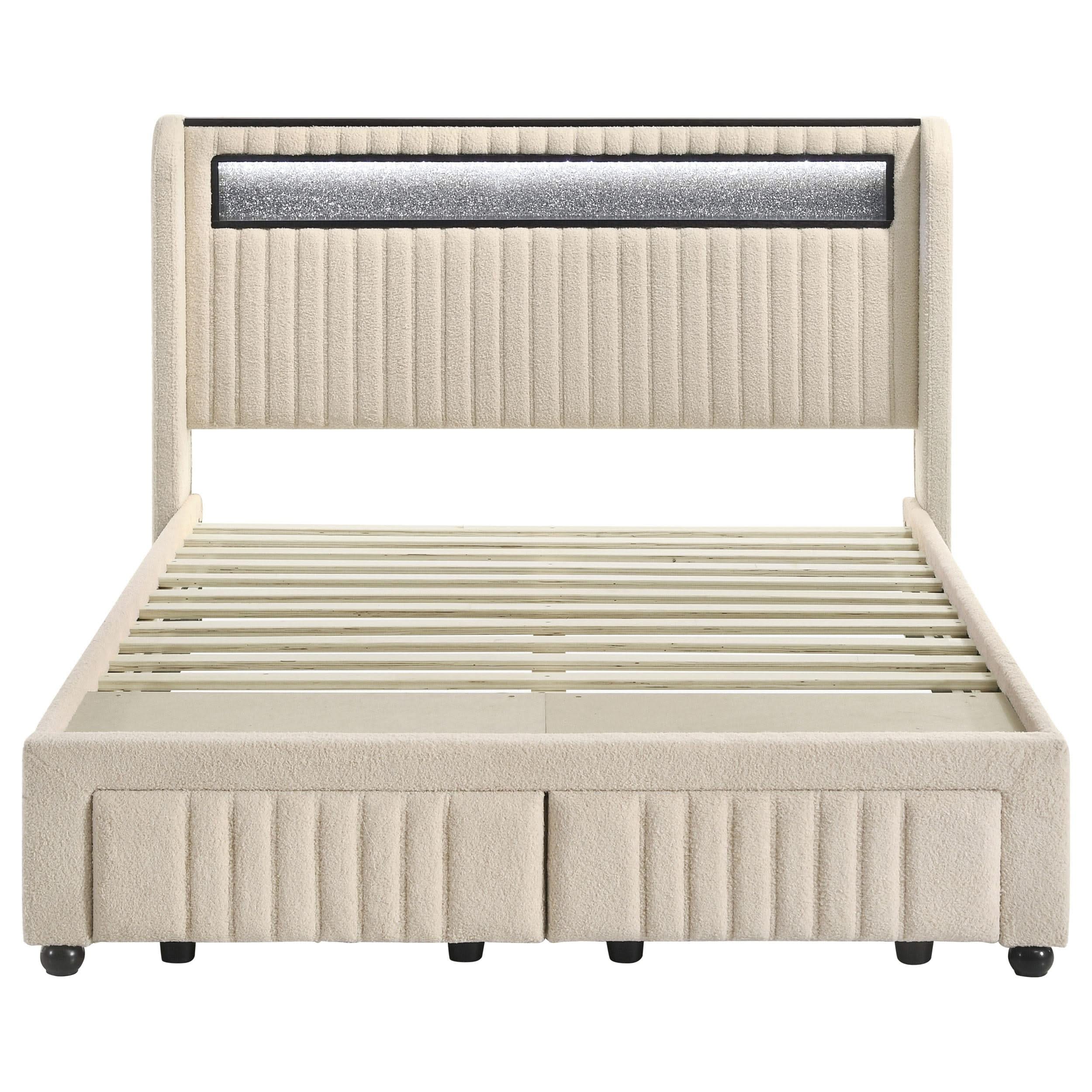 Cama tapizada Madison con plataforma de almacenamiento LED, color crema