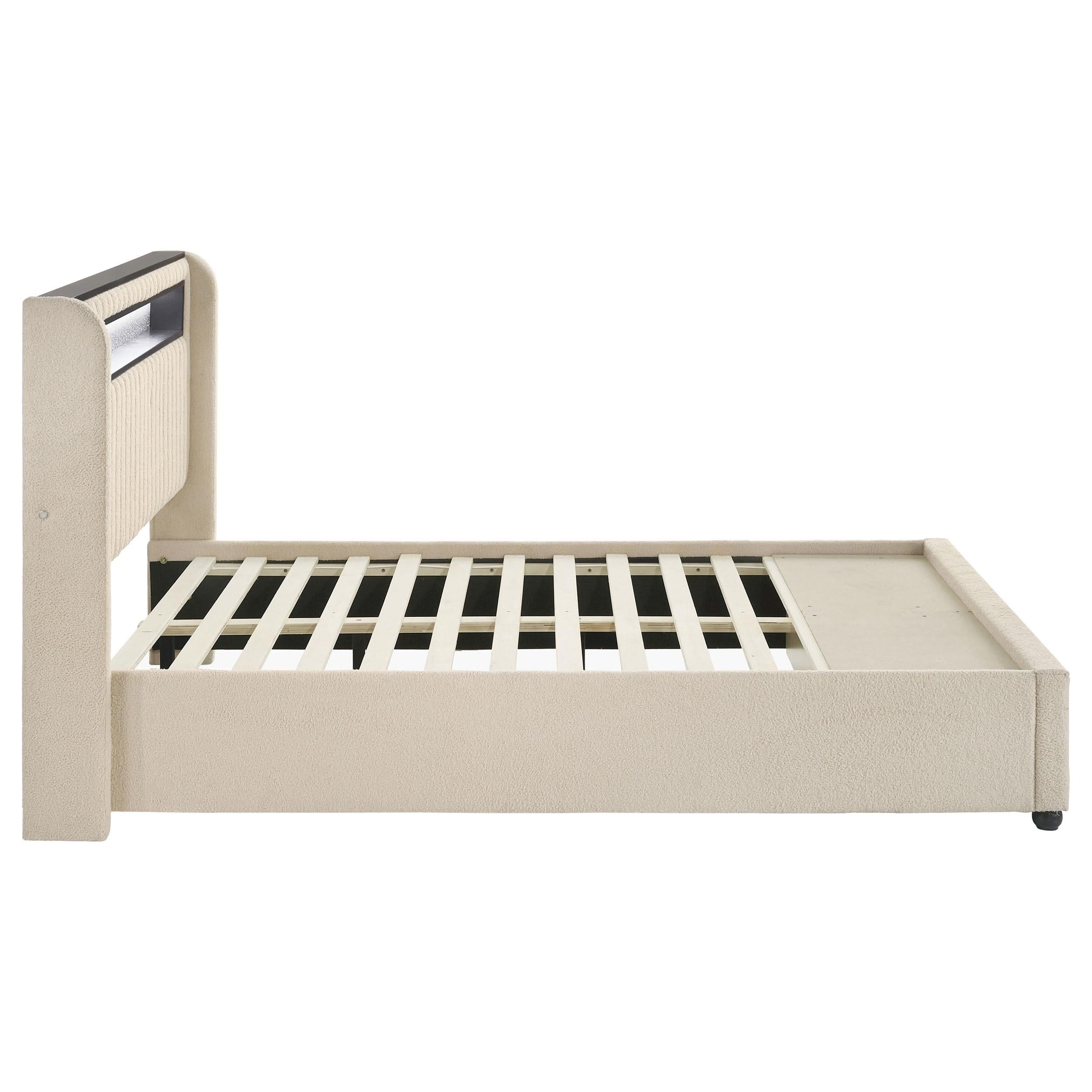 Cama tapizada Madison con plataforma de almacenamiento LED, color crema