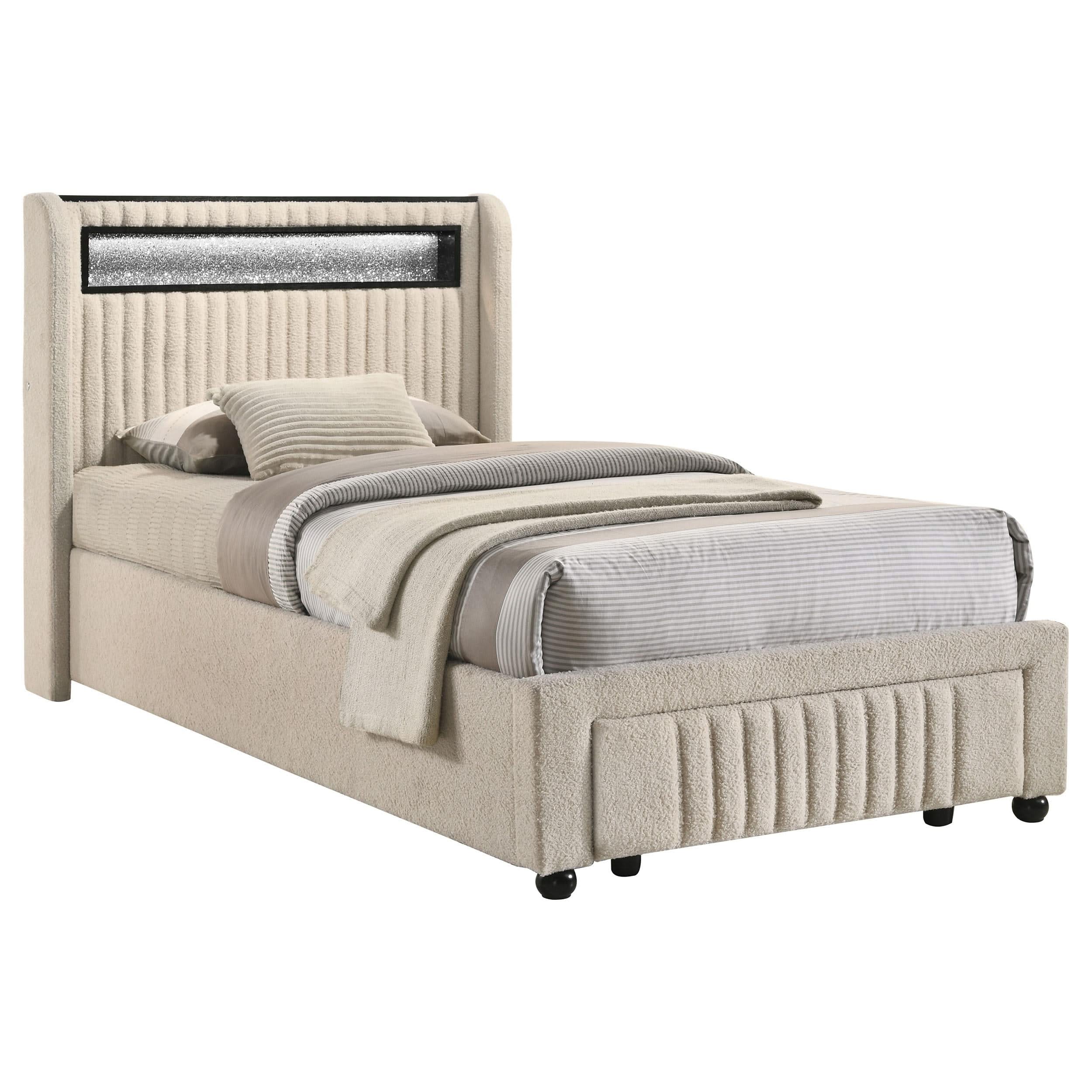Cama tapizada Madison con plataforma de almacenamiento doble LED en color crema