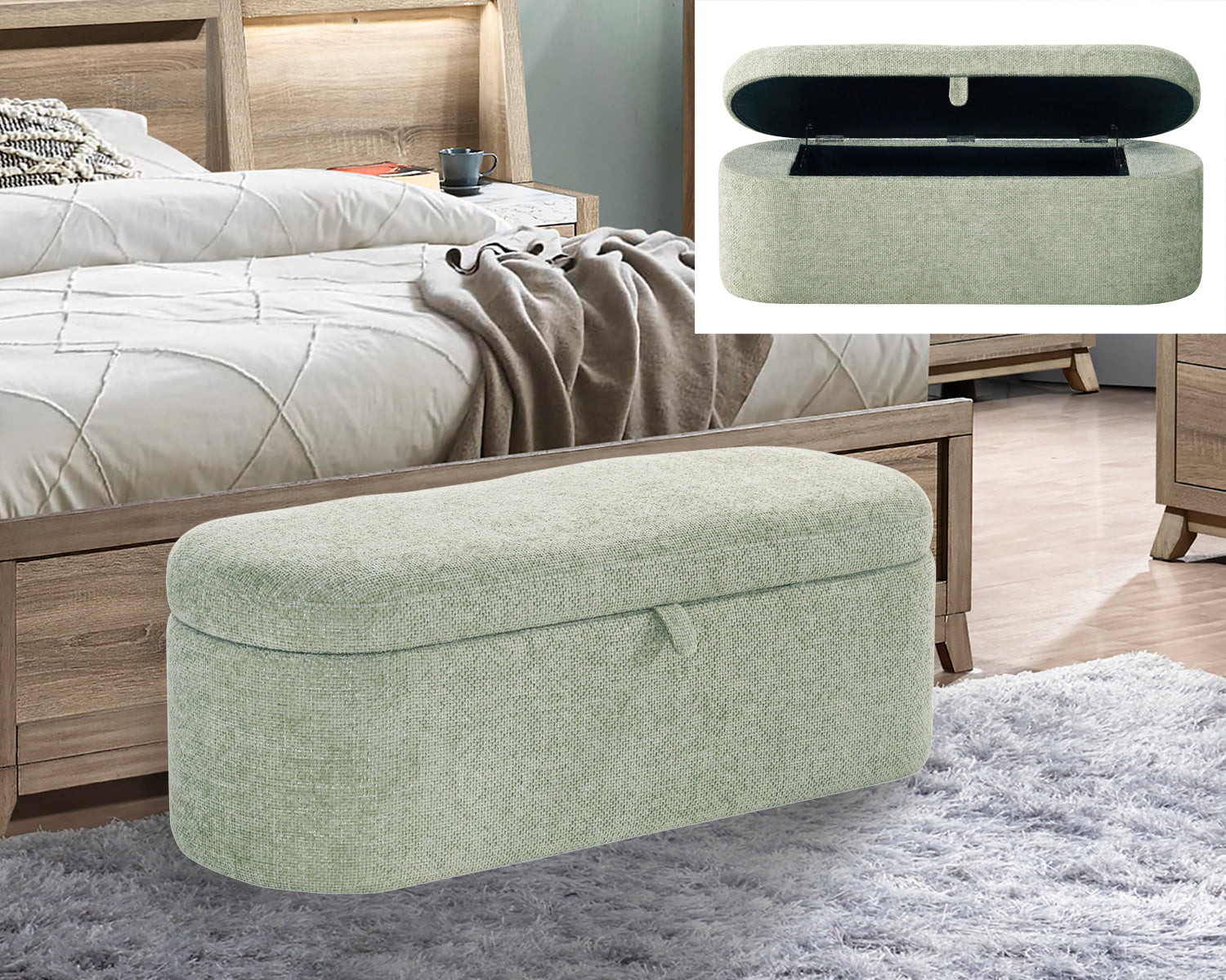 4924GR-BENCH PHILIPA STORAGE BENCH-L.GREEN TWEED