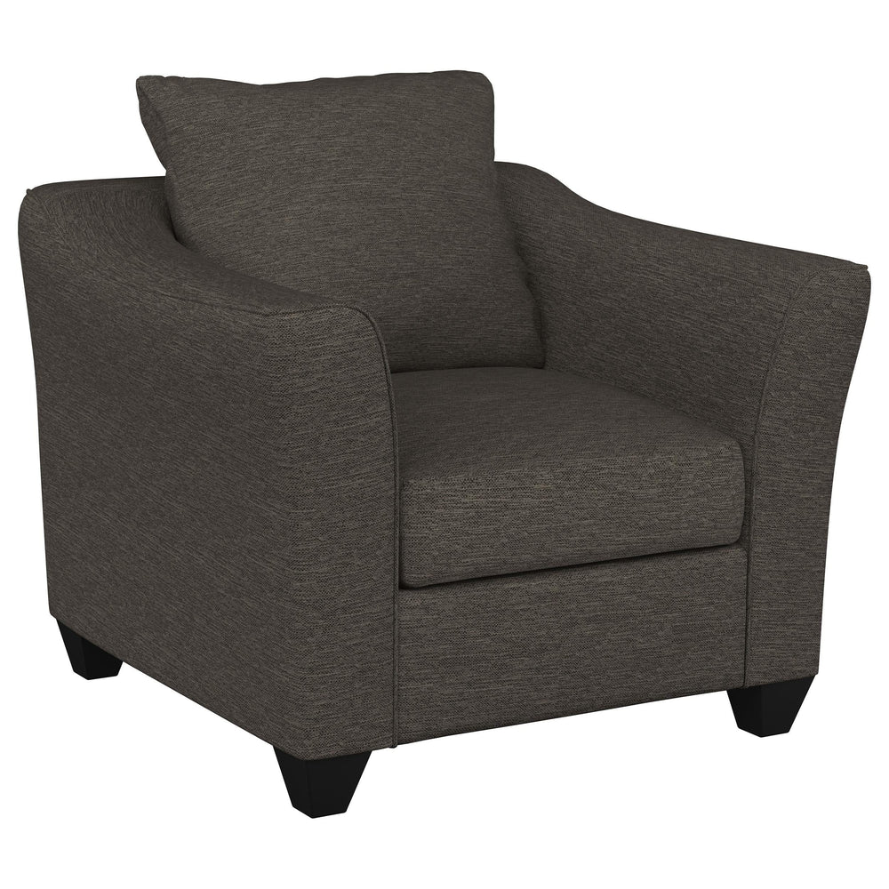 Sillón Salizar tapizado con brazos acampanados, color gris carbón