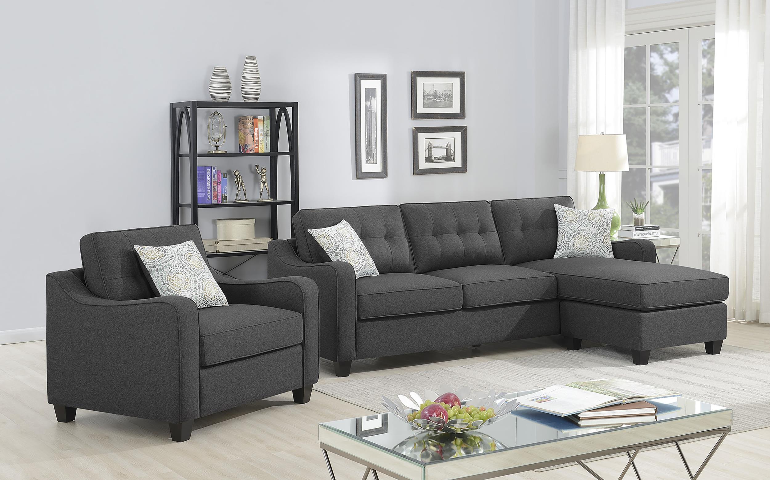Upholstered Reversible Sectional Sofa and Chair Set Dark Grey