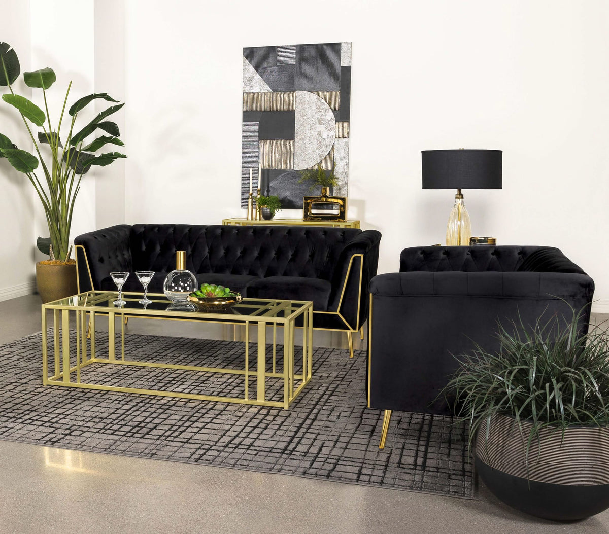 Conjunto de sofá capitoné Holly de 2 piezas con brazos tipo esmoquin tapizados en negro