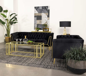 Conjunto de sofá capitoné Holly de 2 piezas con brazos tipo esmoquin tapizados en negro