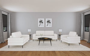 Sillón Jessel tapizado en chenilla con brazos tipo riel, color marfil