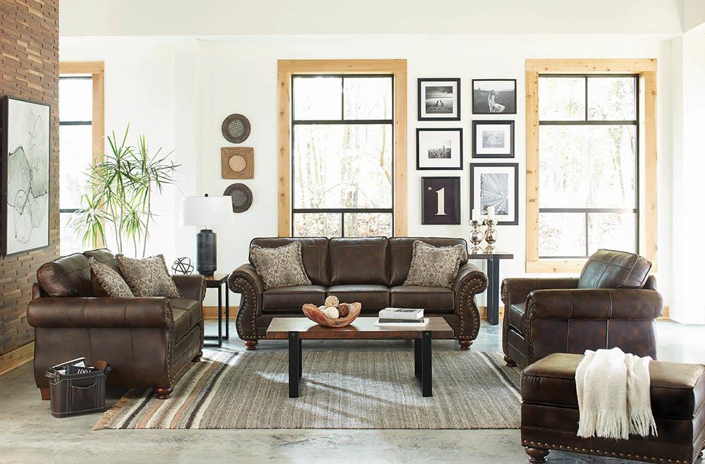 Traditional Upholstered Ottoman with Nailheads Brown