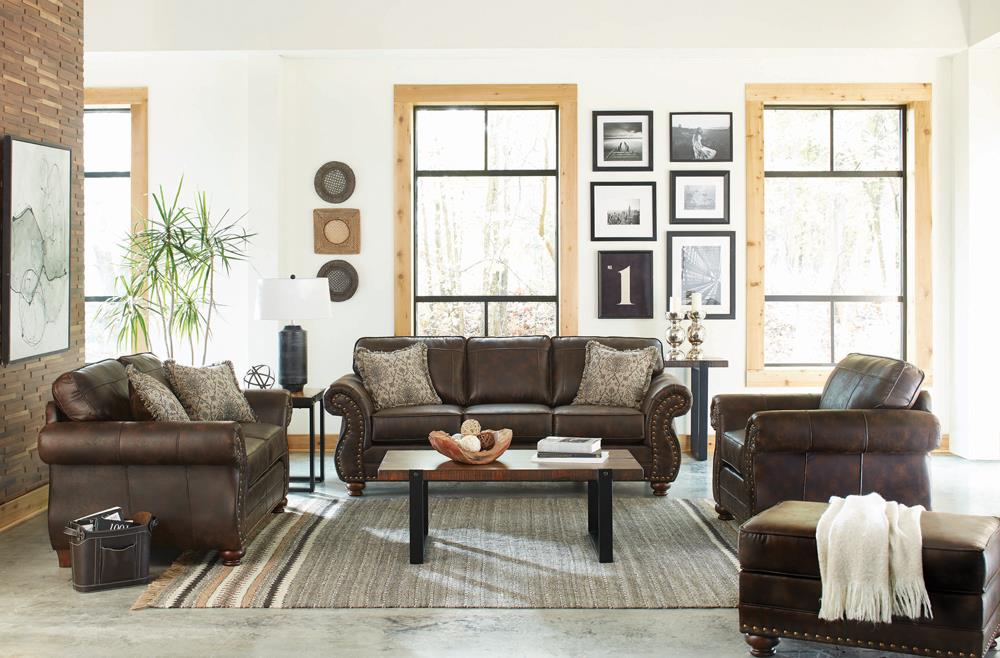 Traditional Upholstered Ottoman with Nailheads Brown