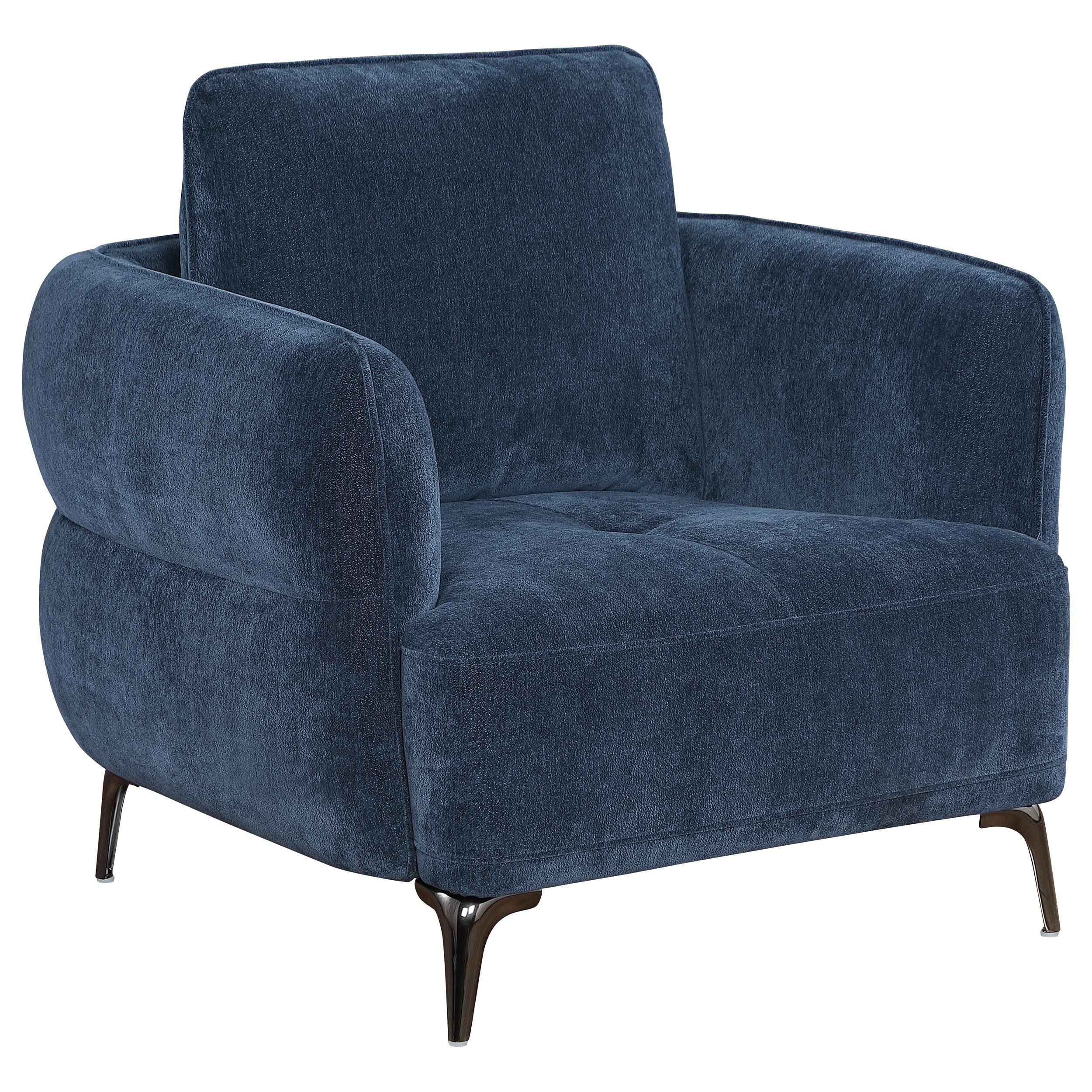 Sillón moderno tapizado en chenilla con brazos en azul