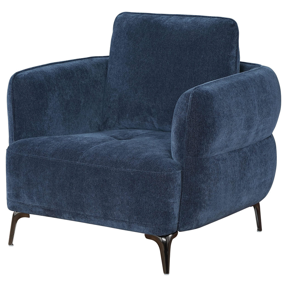 Sillón moderno tapizado en chenilla con brazos en azul