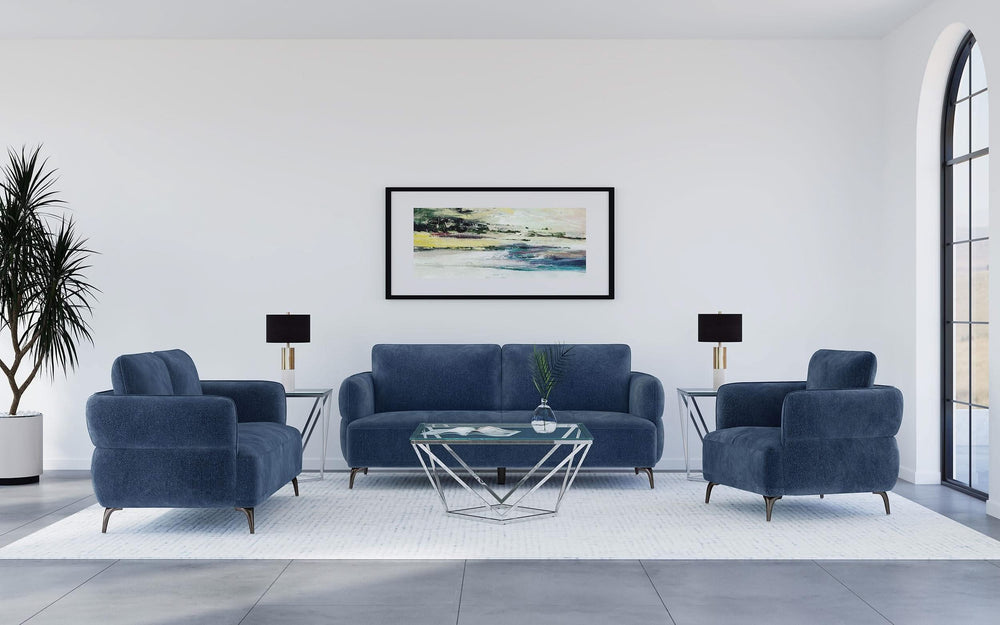 Sillón moderno tapizado en chenilla con brazos en azul